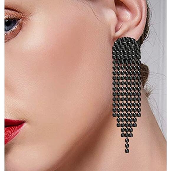 Black Rhinestone Drop Earrings - Picture 2 of 2